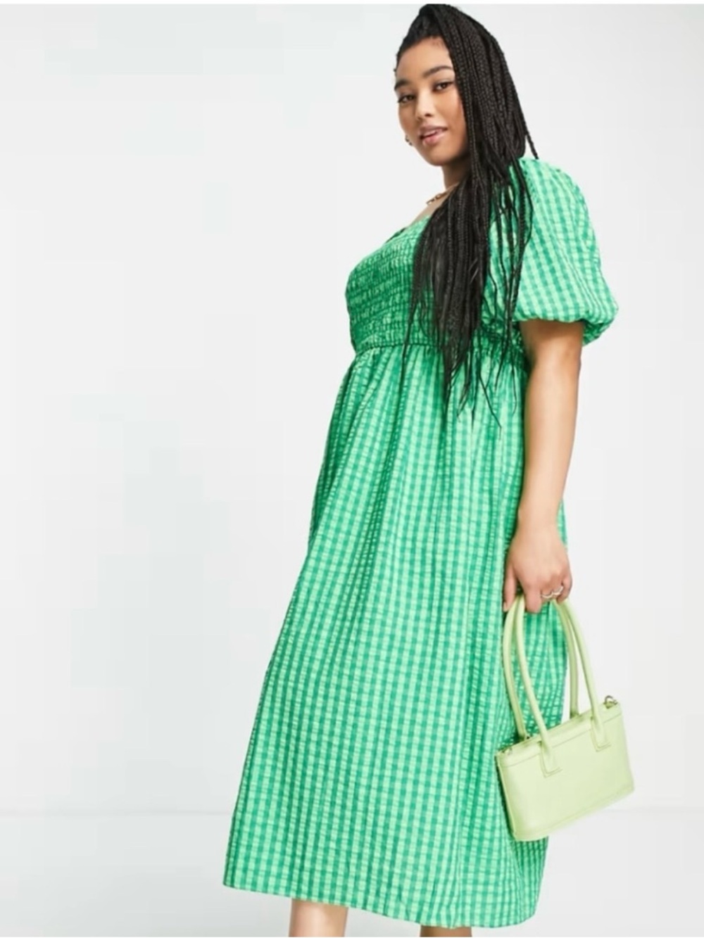 Never Fully Dressed Green Gingham Midi Dress Curve XXL Puff Sleeve - Picture 2 of 4